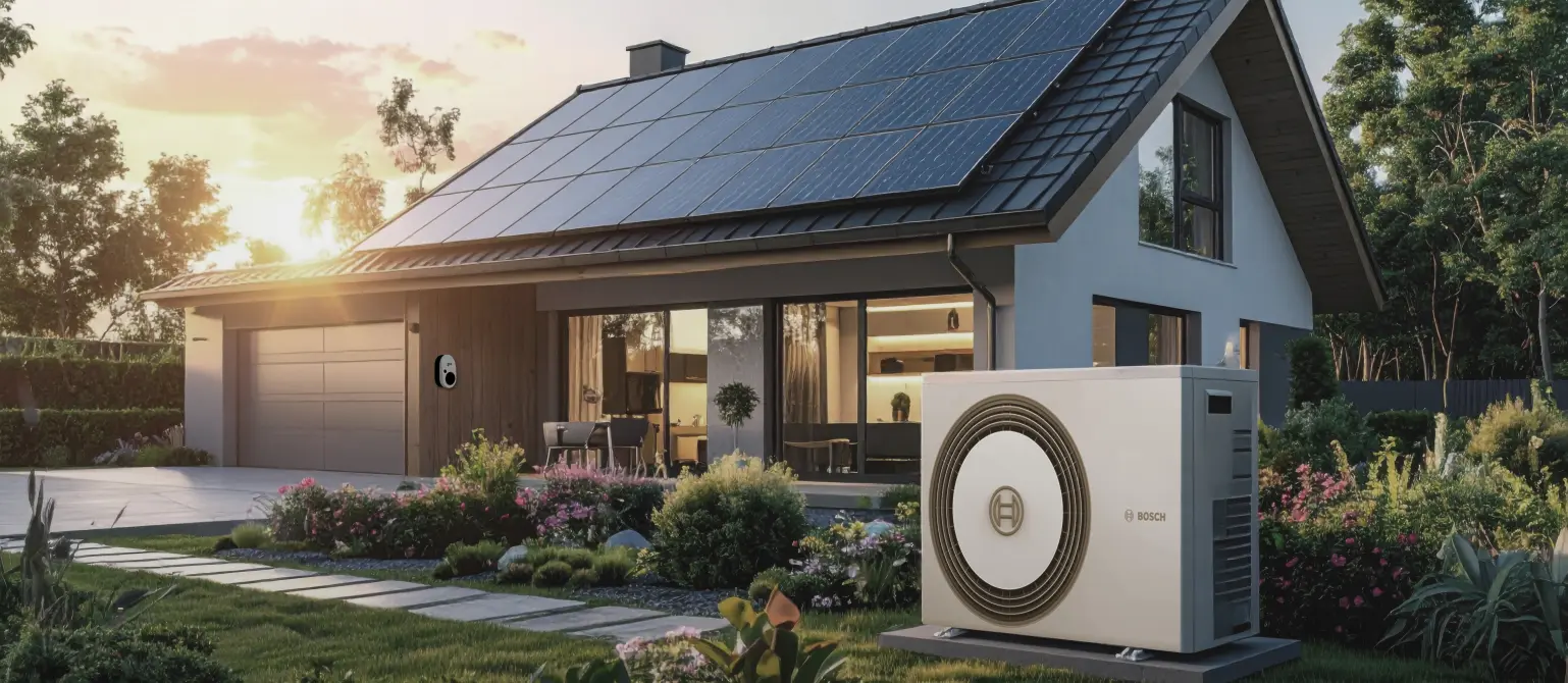 Haus mit Garten und Photovoltaikanlage auf dem Dach