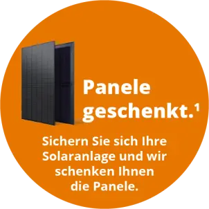 Orangener runder Störer mit weißer Schrift und zwei Solarmodulen