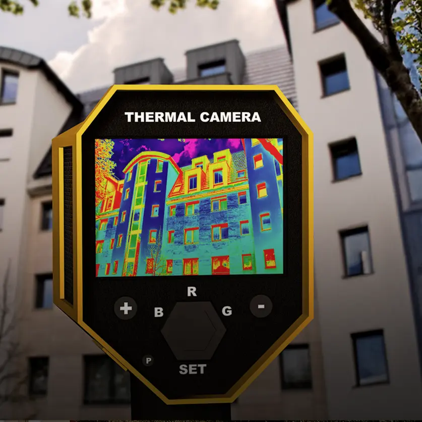 Im Vordergrund eine Wärmebildkamera, die das dahinterliegende Gebäude in bunten Farben darstellt.