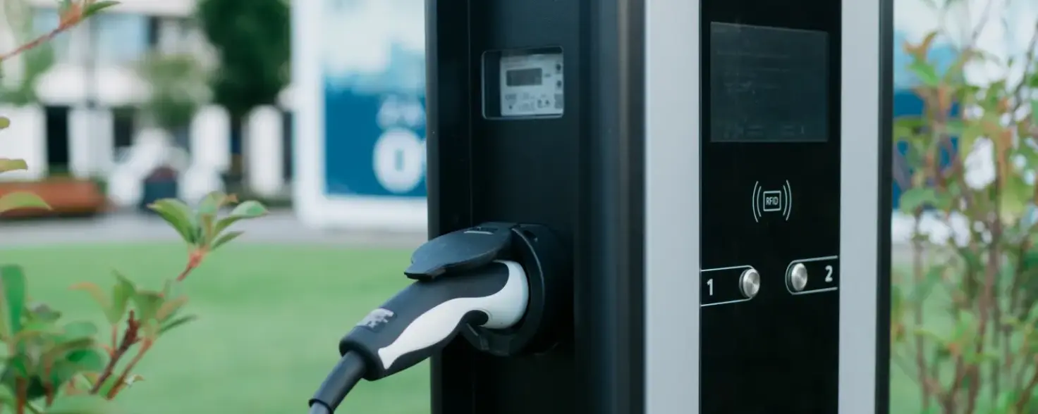 Ein Ladestecker für ein E-Auto steckt in einer Ladesäule, dahinter eine grüne Wiese und Häuser.