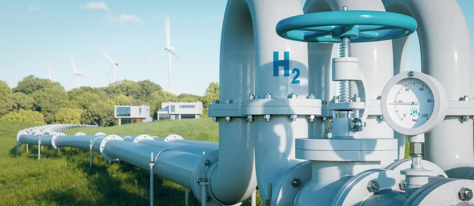 Eine Wasserstoffpipeline führt über eine grüne Wiese zu modernen Einfamilienhäusern. Im Hintergrund Windkraftanlagen.