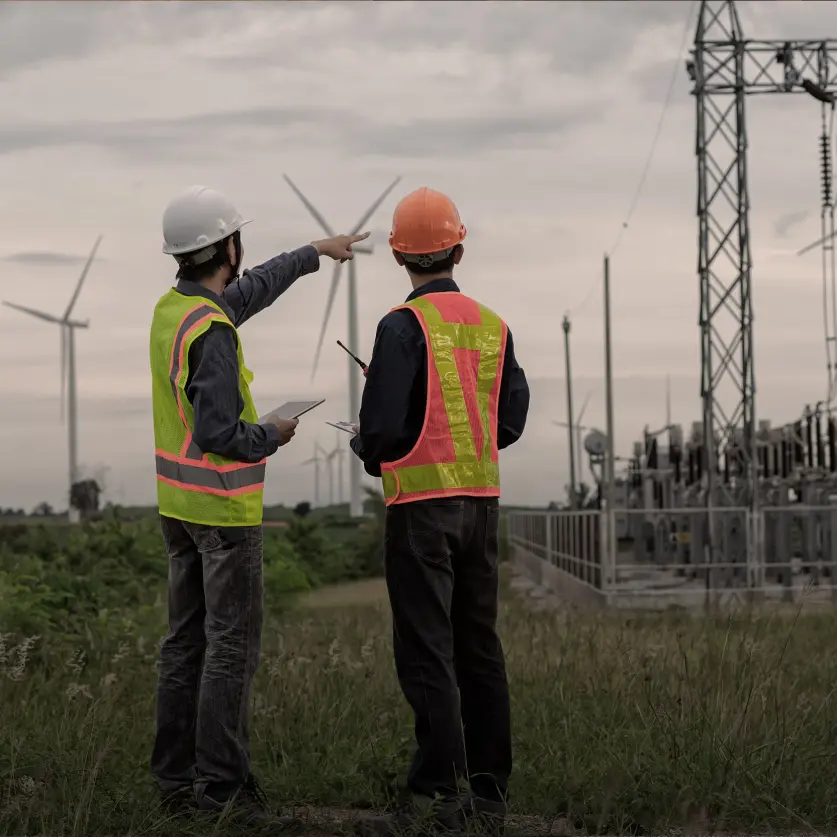 Zwei Ingenieure in Helmen und Sicherheitswesten prüfen elektrisches Umspannwerk und benachbarte Windkraftanlagen.