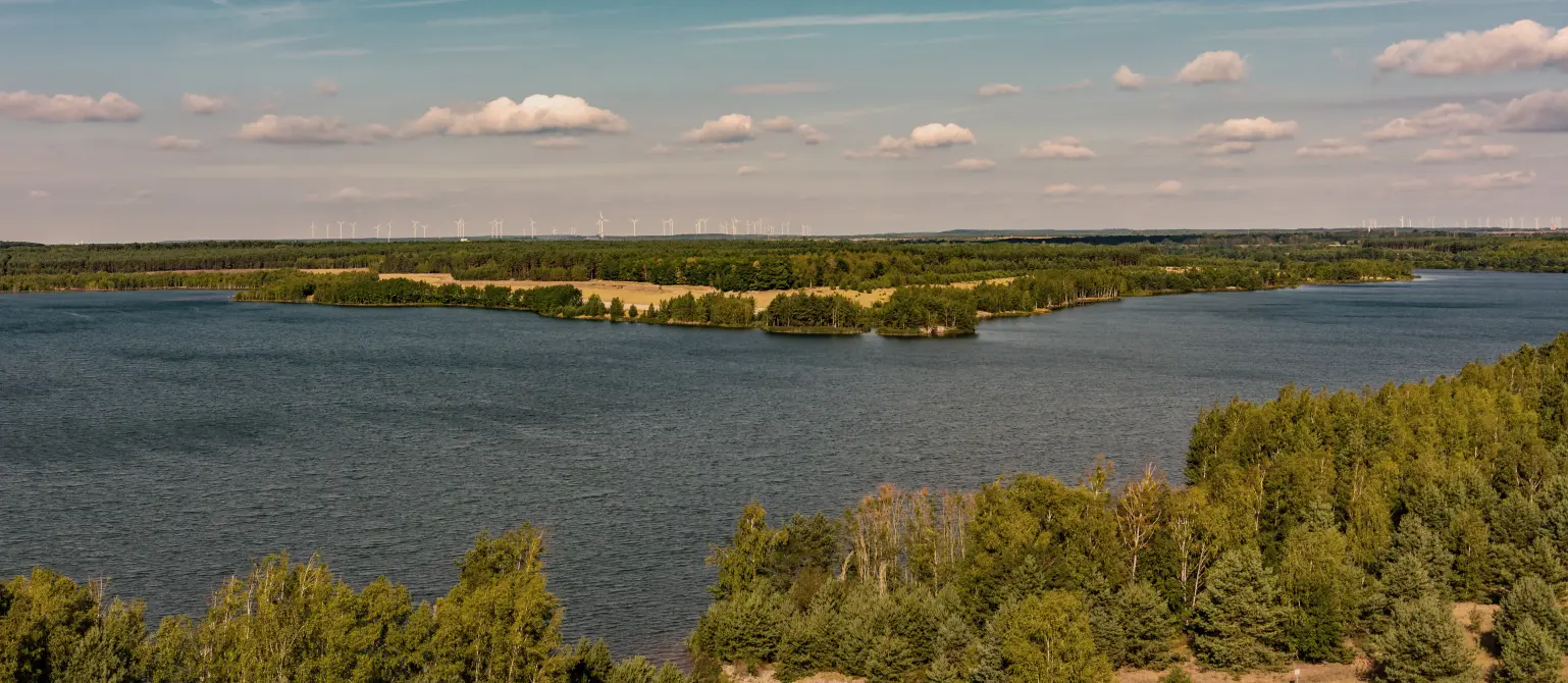 Luftaufnahme der Lausitzer Seenplatte mit blauem See, umgeben von dichtem Wald und Wiesen unter einem Himmel mit vereinzelten weißen Wolken