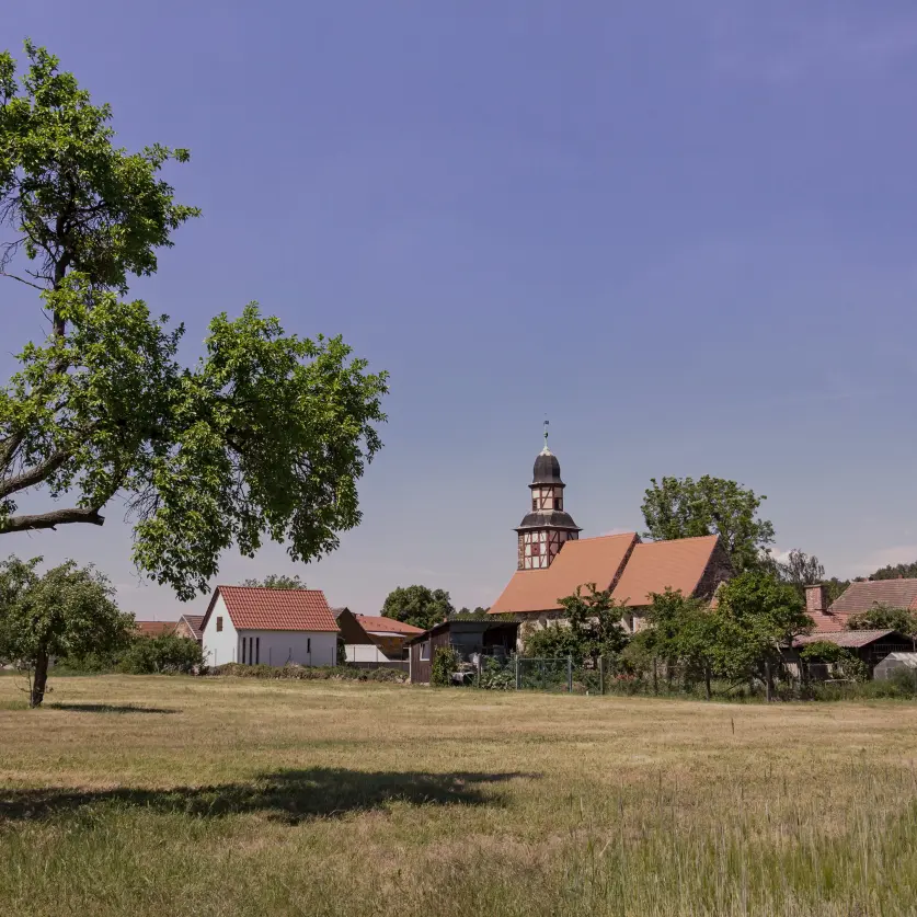 Blick über Wiesen und Felder auf die Fachwerkkirche im Dorf Raben im Hohen Fläming im Land Brandenburg.