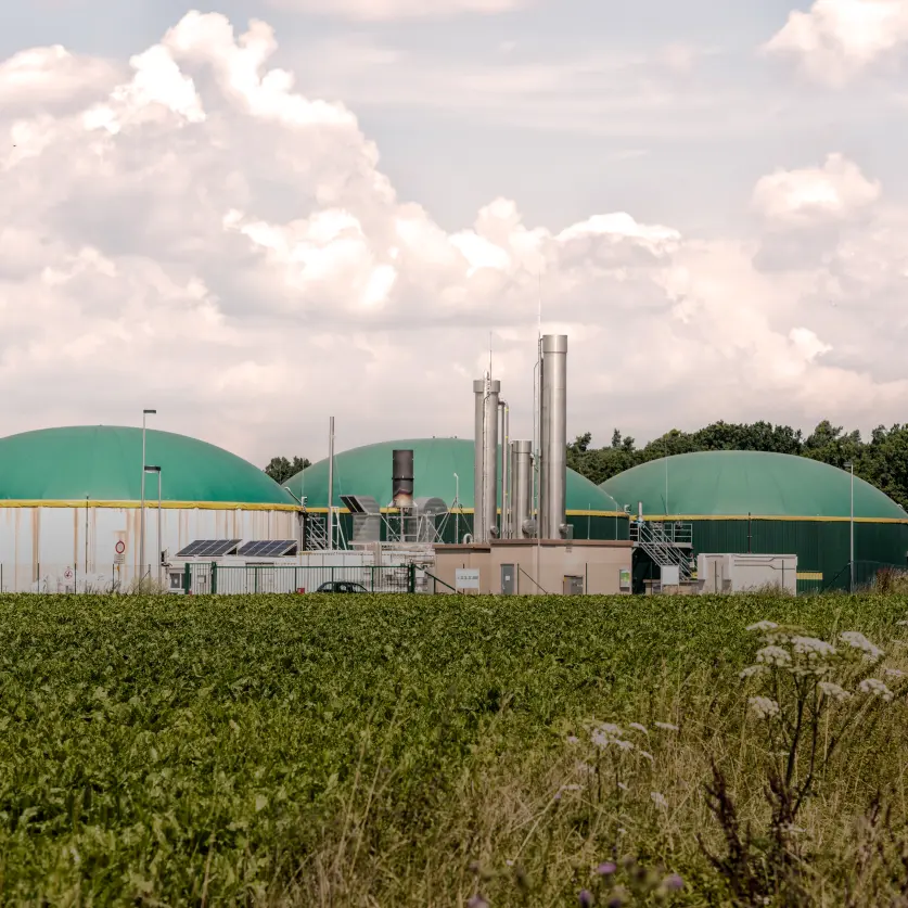 Biogasanlage mit grünen Fermentern und technischen Anlagen am Rand eines landwirtschaftlichen Feldes.