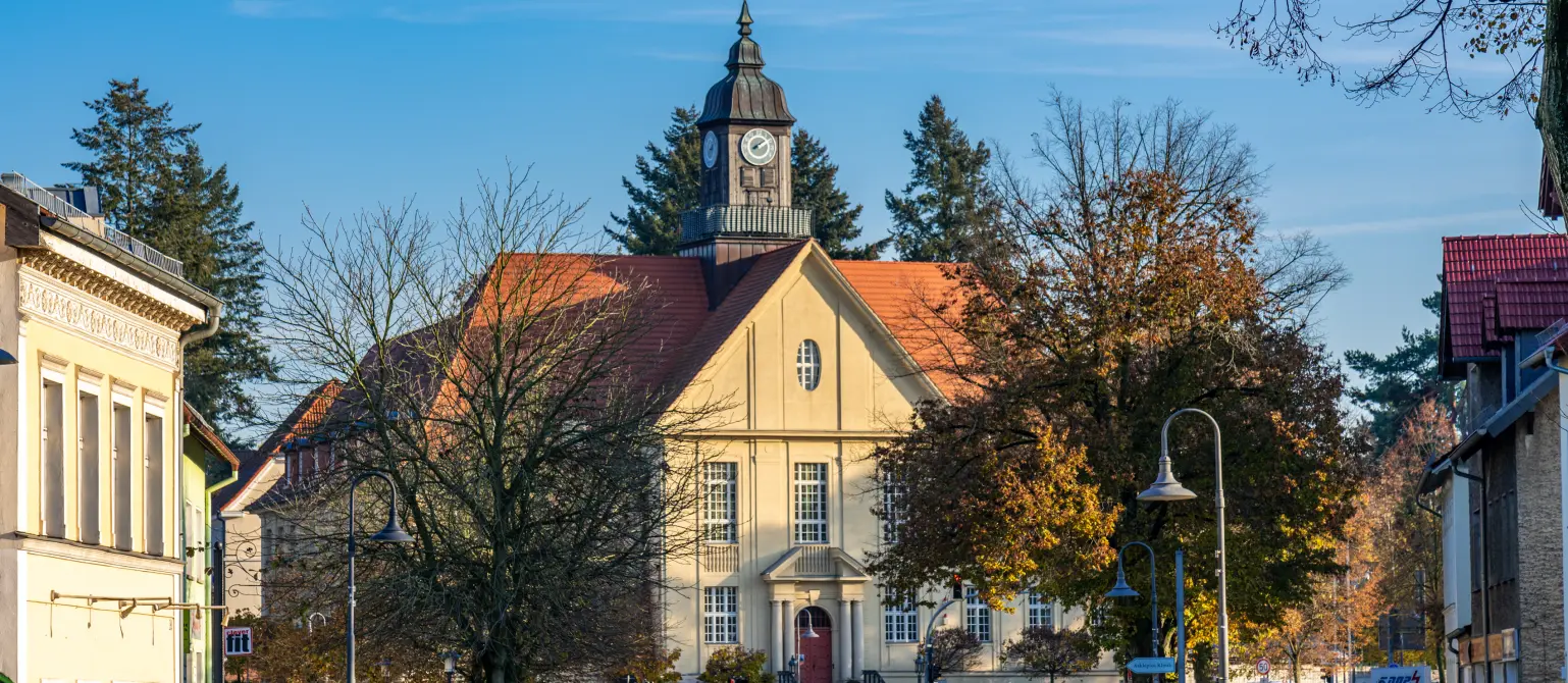 Historisches Rathaus von Birkenwerder mit Uhrturm an einer belebten Straße, umgeben von Bäumen und Wohnhäusern.