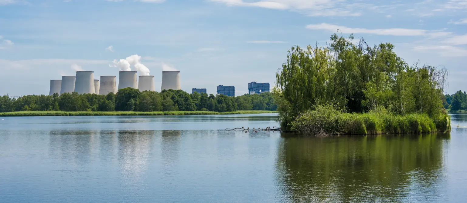 Kraftwerk Jänschwalde mit Kühltürmen im Hintergrund, davor See mit kleiner Insel und dichter Ufervegetation.