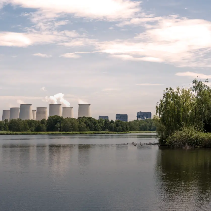 Kraftwerk Jänschwalde mit Kühltürmen im Hintergrund, davor See mit kleiner Insel und dichter Ufervegetation.
