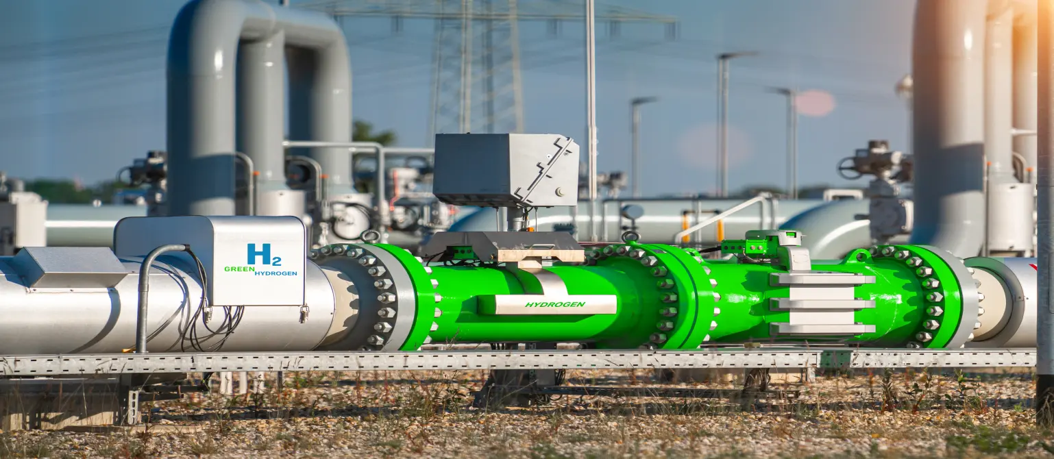Grünes Leitungsnetz für klimafreundliches Wasserstoffgas im Freien vor blauem Himmel. Auf der Hauptleitung die Aufschrift: H2.