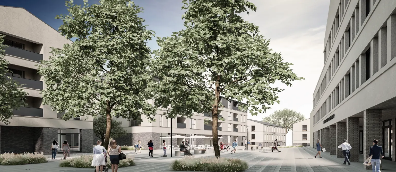 Visualisierung: Rathaus von Michendorf in Brandenburg mit Vorplatz und Bäumen auf der Straße.