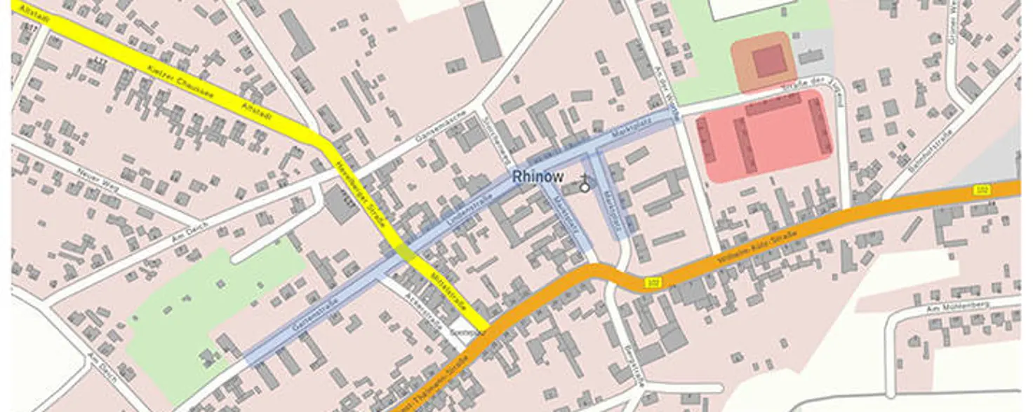 Übersicht: Stadtplan von Rhinow mit vorhandener und geplanter Fernwärmeversorgung.