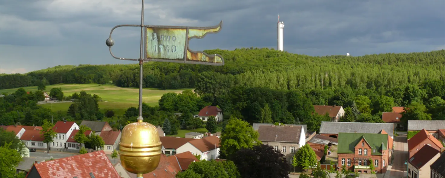 Der Wetterhahn auf einem Dach in der Stadt Rhinow im Havelland.