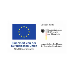 Siegel mit EU-Fahne: Finanziert von der Europäischen Union gefördert durch Bundesministerium für Wirtschaft und Klimaschutz.