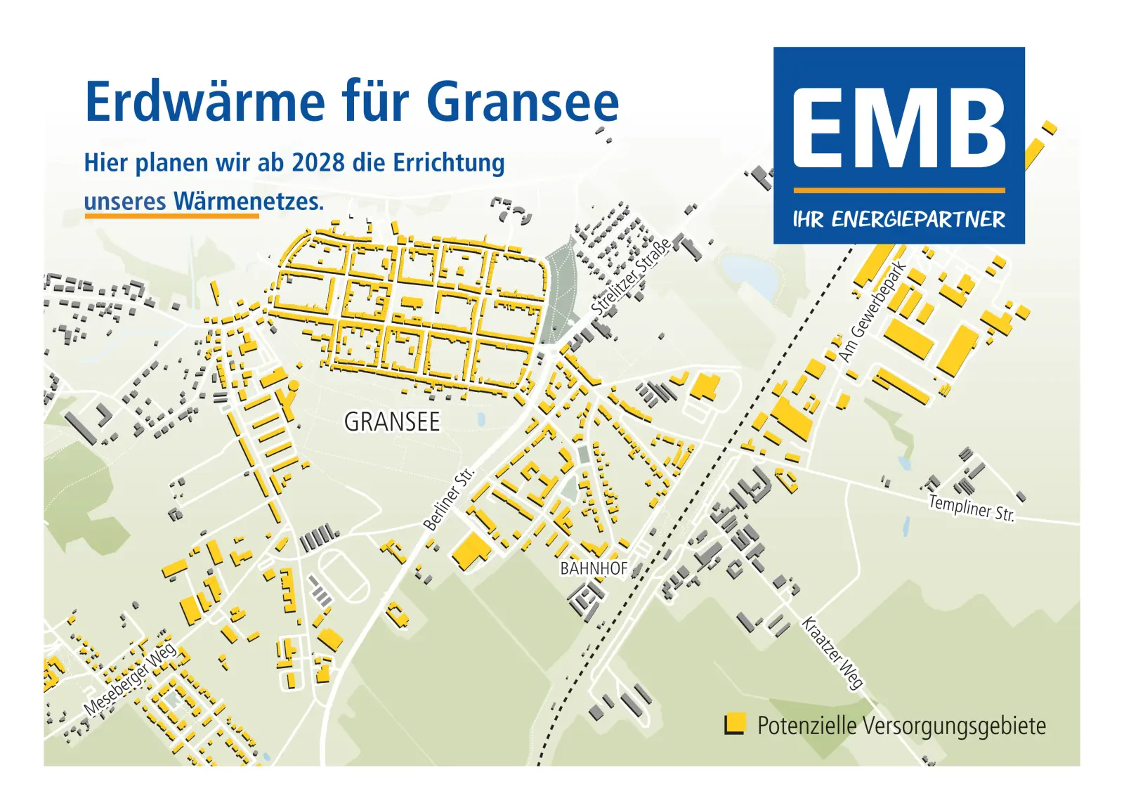 Karte von Gransee: Potenzielle Versorgungsgebiete durch das Erdwärmenetz ab 2028 sind gelb hervorgehoben.