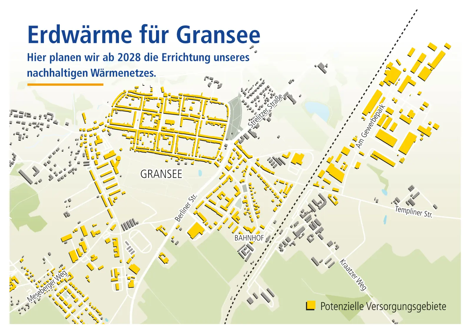 Karte von Gransee: Potenzielle Versorgungsgebiete durch das nachhaltige Erdwärmenetz ab 2028 sind gelb hervorgehoben.