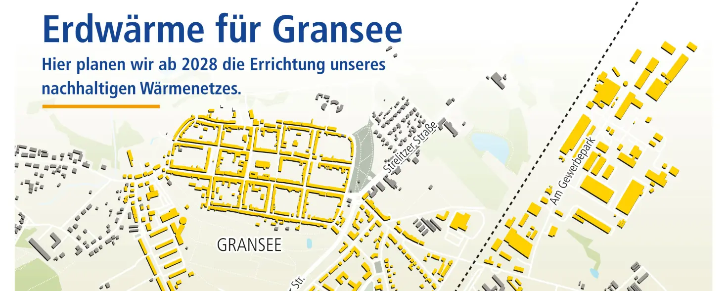 Karte von Gransee: Potenzielle Versorgungsgebiete durch das nachhaltige Erdwärmenetz ab 2028 sind gelb hervorgehoben.