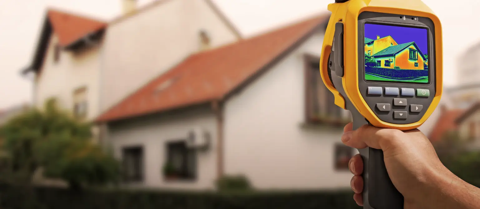 Eine Hand hält ein Wärmebildkamera mit dem Thermografiebild eines Hauses. Im Hintergrund ist das reale Haus zu sehen vor blauem Himmel und Bäumen.