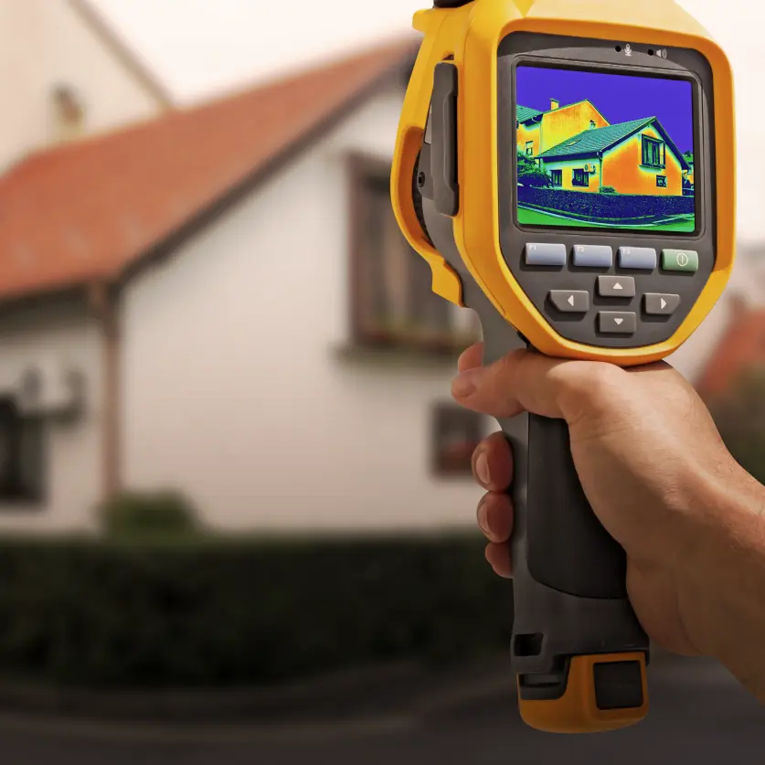 Eine Hand hält ein Wärmebildkamera mit dem Thermografiebild eines Hauses. Im Hintergrund ist das reale Haus zu sehen vor blauem Himmel und Bäumen.