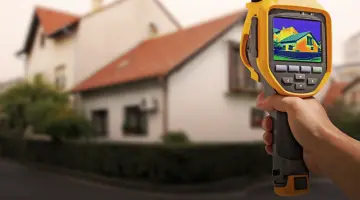 Eine Hand hält ein Wärmebildkamera mit dem Thermografiebild eines Hauses. Im Hintergrund ist das reale Haus zu sehen vor blauem Himmel und Bäumen.