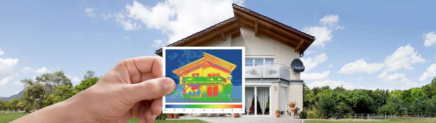 Eine Hand hält ein Wärmebild eines Hauses Richtung Kamera. Im Hintergrund ist das reale Haus zu sehen vor blauem Himmel und Bäumen.