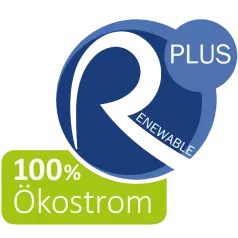 Blau-grünes Siegel Renewable Plus: 100 Prozent Ökostrom.