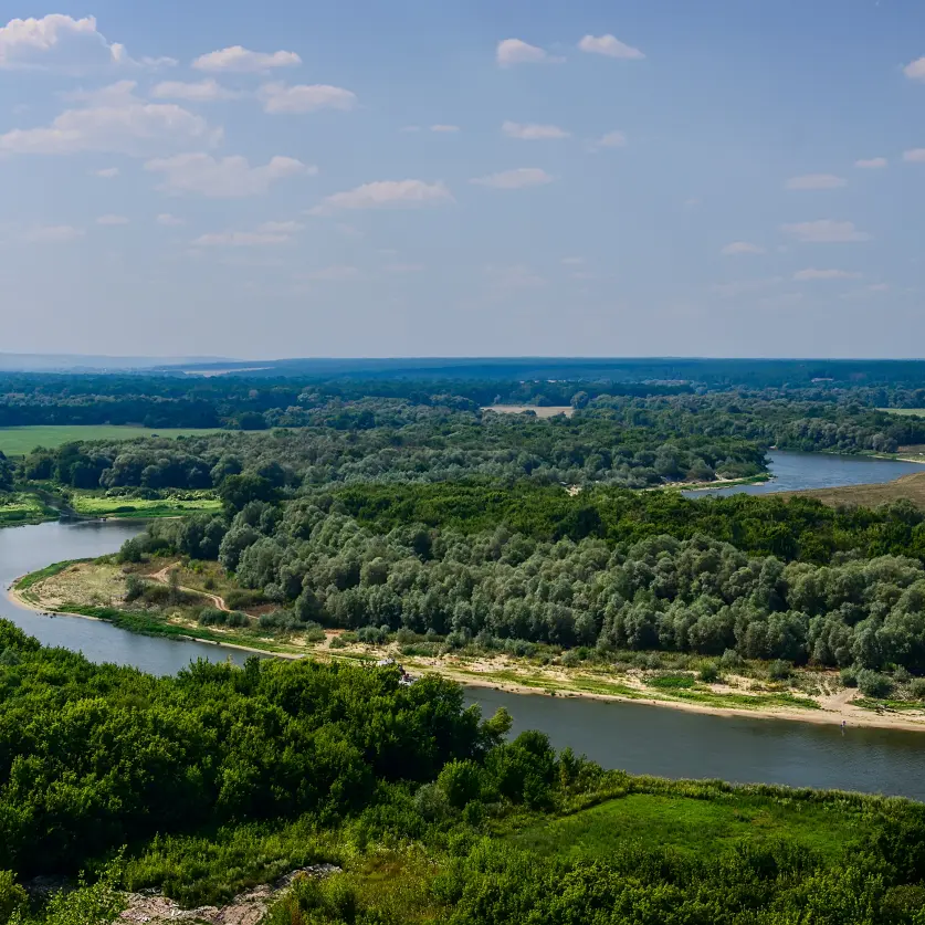 Eine Brandenburger Flusslandschaft mit grünen Wäldern aus der Vogelperspektive.