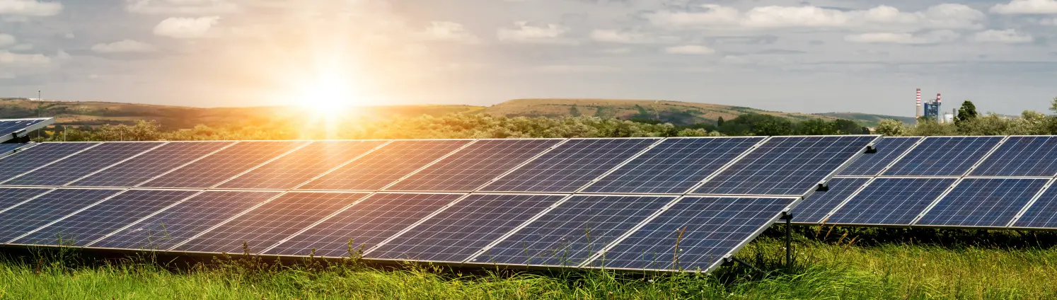 Photovoltaik-Anlage mit Sonnenreflexen auf einer grünen Wiese. Im Hintergrund sanfte Hügel.