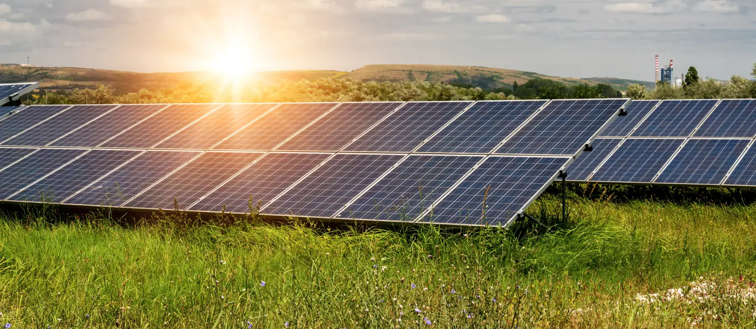 Photovoltaik-Anlage mit Sonnenreflexen auf einer grünen Wiese. Im Hintergrund sanfte Hügel.