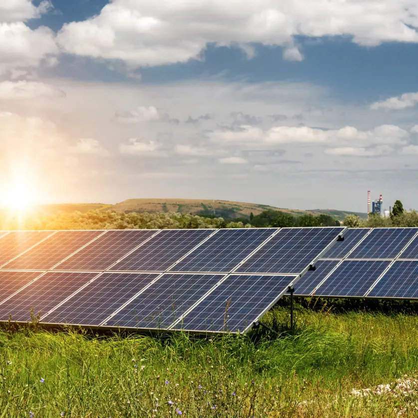 Photovoltaik-Anlage mit Sonnenreflexen auf einer grünen Wiese. Im Hintergrund sanfte Hügel.