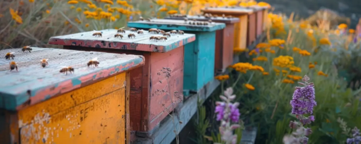 Ein Bienenstock mit mehreren bunten Häusern inmitten einer Wiese