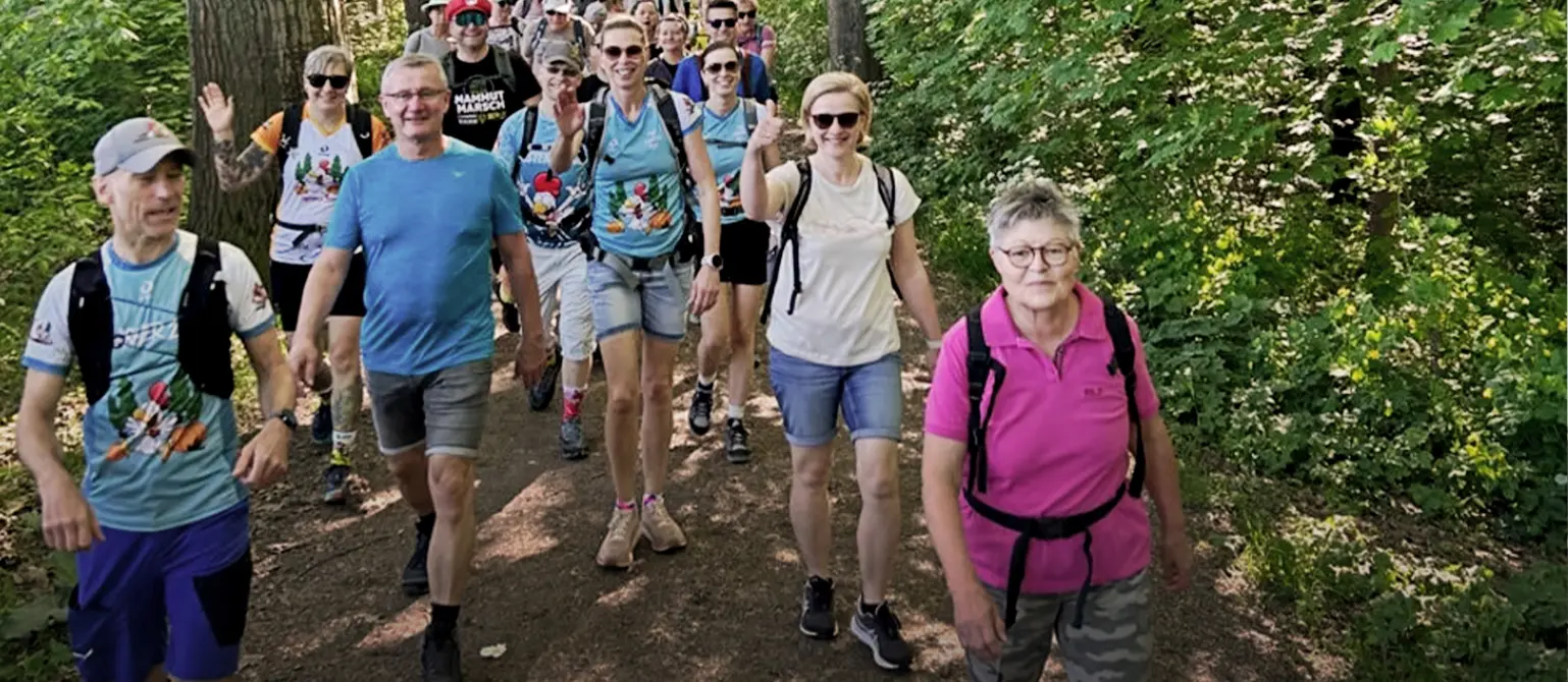 Eine Wandergruppe läuft durch einen Waldweg