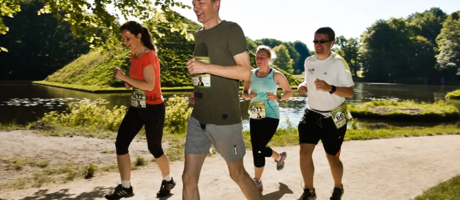 Eine Gruppe von vier Läuferinnen und Läufern joggen im sonnigen Park.