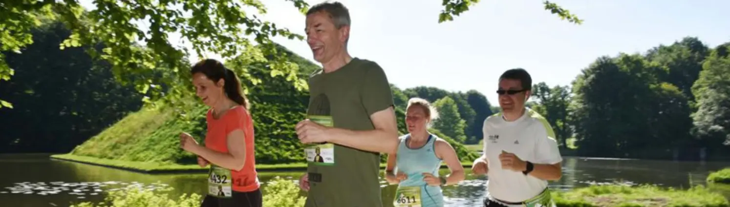 Eine Gruppe von vier Läuferinnen und Läufern joggen im sonnigen Park.