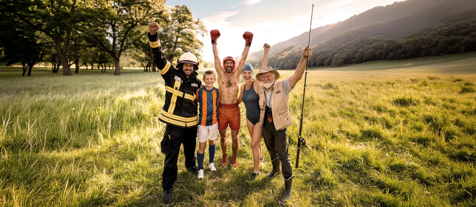 Fünf Mitglieder unterschiedlicher Vereine steht auf einer sonnigen Wiese und heben die Arme. Dahinter Bäume, Hügel und ein leicht bewölkter Himmel.