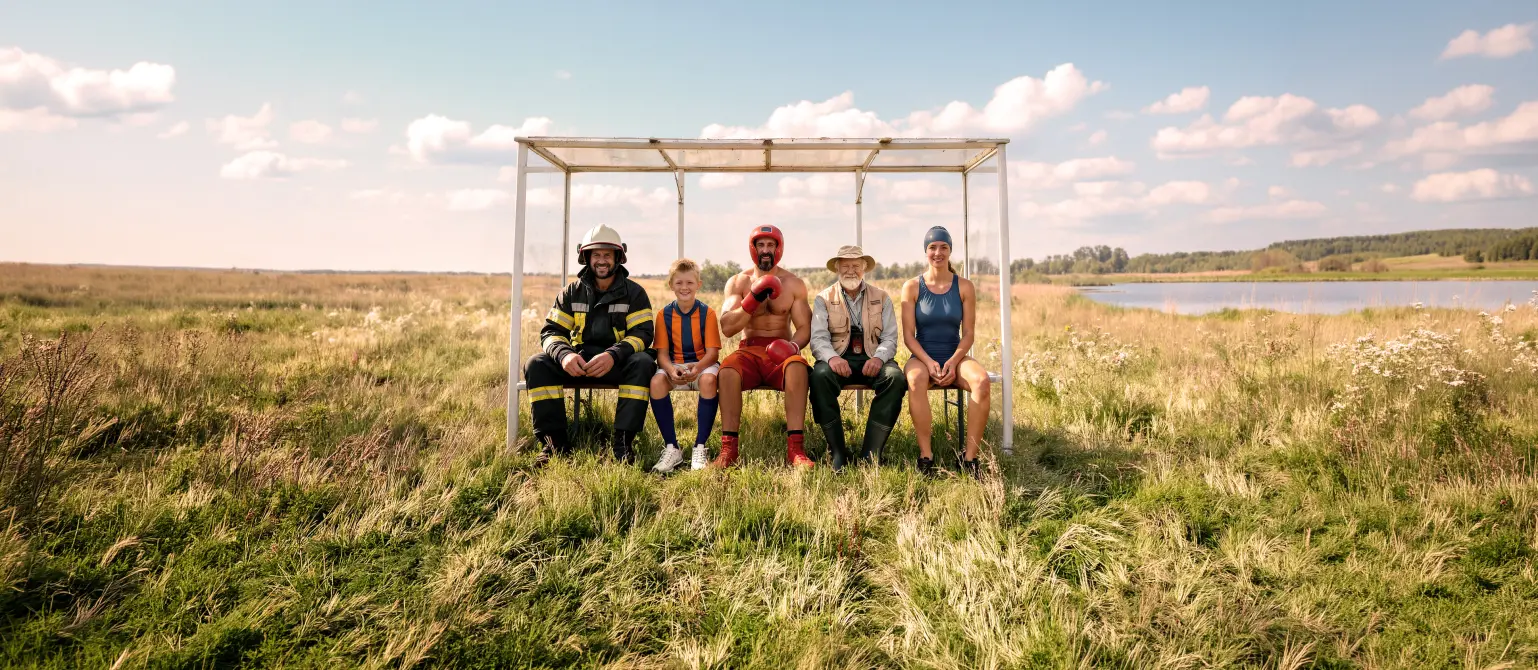 Fünf Personen in unterschiedlichen Berufs- und Sportoutfits sitzen an einer Haltestelle auf einer Wiese neben einem See.