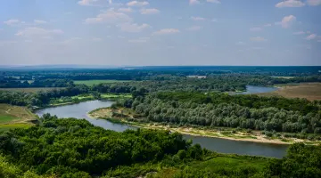 Eine Brandenburger Flusslandschaft mit grünen Wäldern aus der Vogelperspektive.